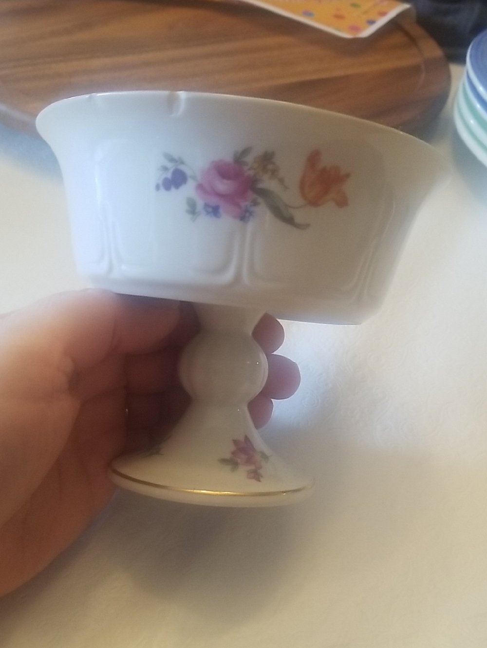 Vintage White Porcelain Compote with Pink and Orange Floral Motif